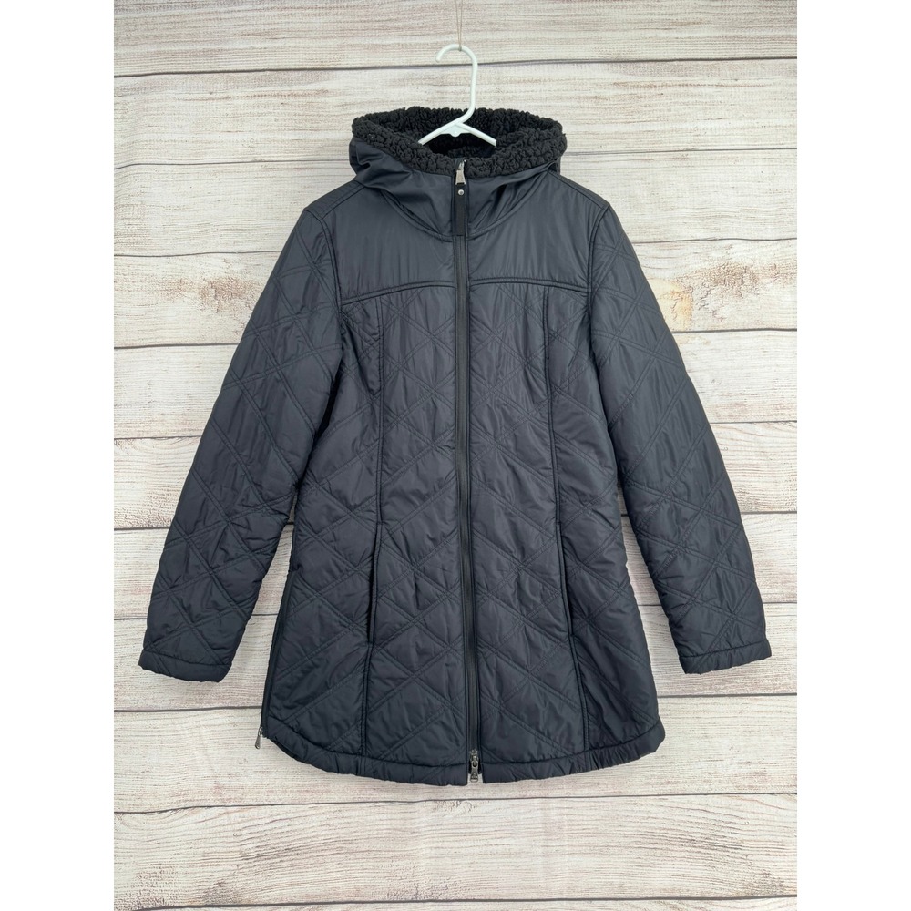 prAna Quilted Hooded Jacket Women Medium Black Sherpa Lined W23202233
